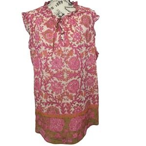 Joie Womens XL Pink Floral Paisley Metallic Tie Neck Ruffle Sleeveless Blouse